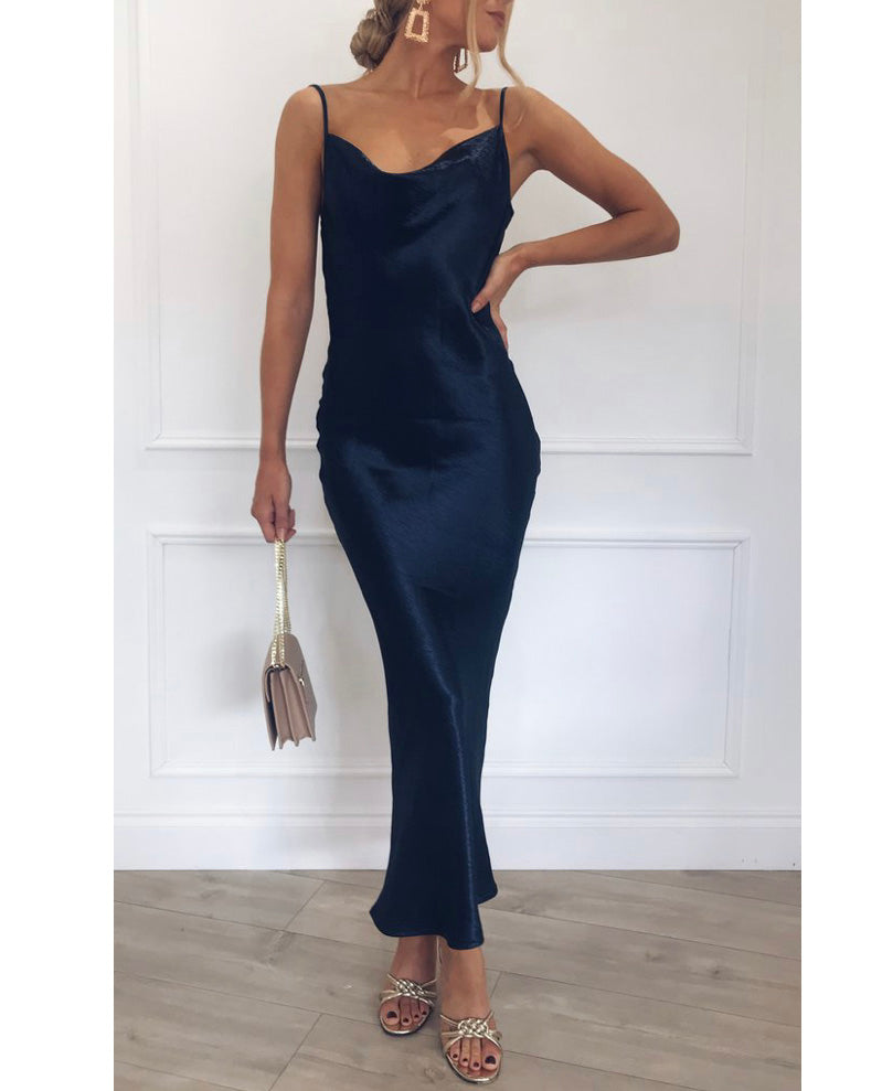 PRETTY LAVISH NAVY SATIN MIDI DRESS ...